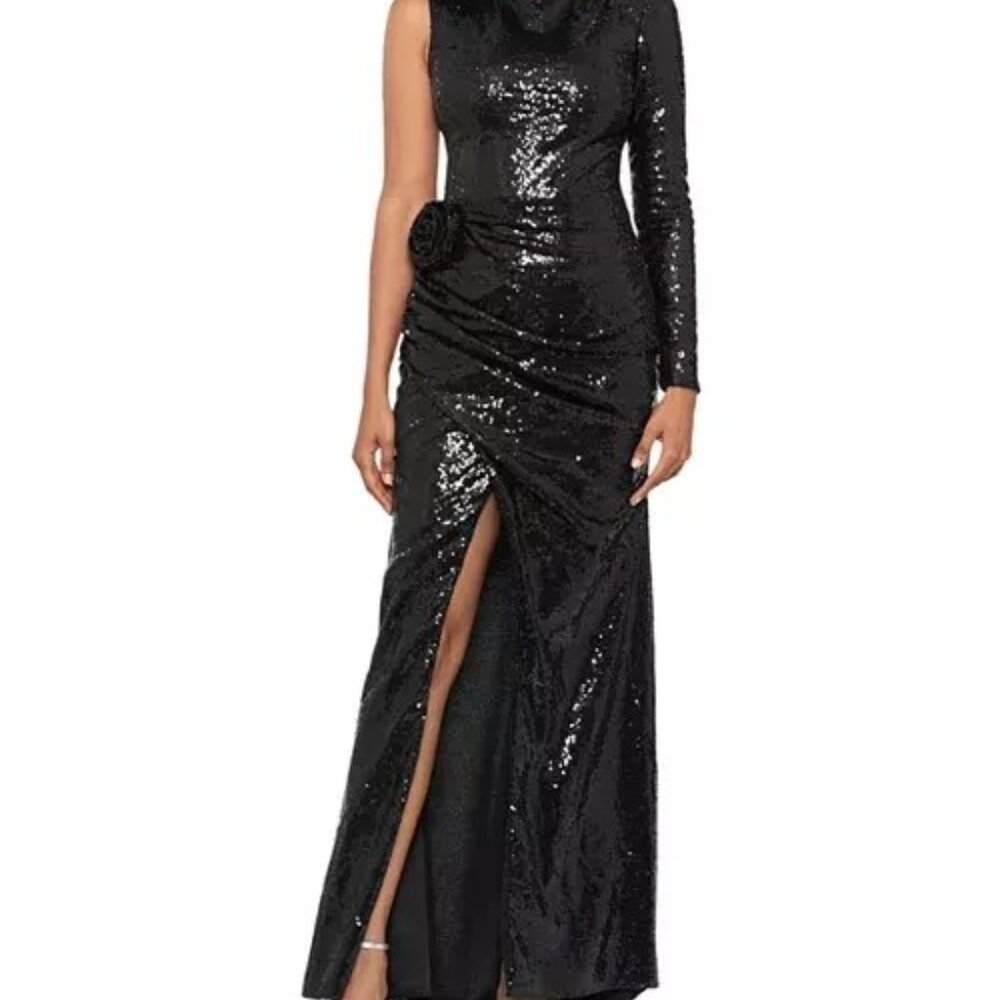 AQUA One Sleeve Sequin Gown Women's 4 Black Round Neck Rosette Detail Back Zip - Picture 1 of 2